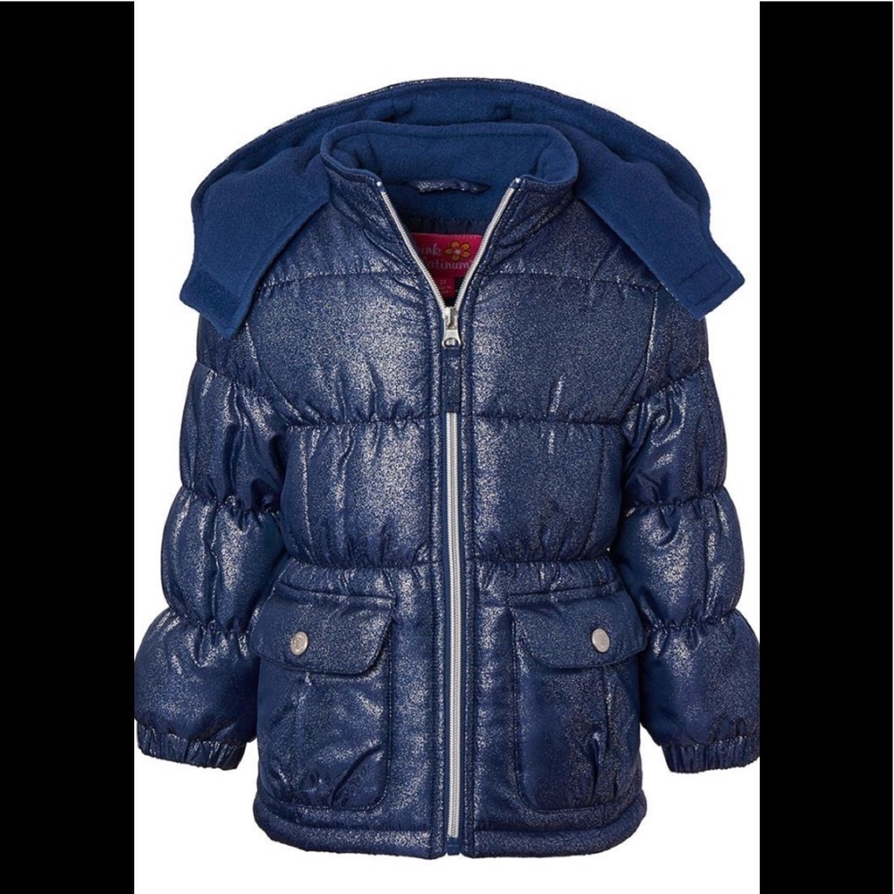 Girls Pink Platinum Hooded Foil Spray Puffer Coat